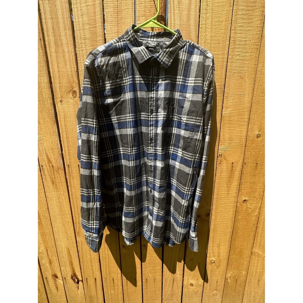 Vince Men's Cotton‎ Plaid Button Flannel Long Sleeve Gray Blue White XL
